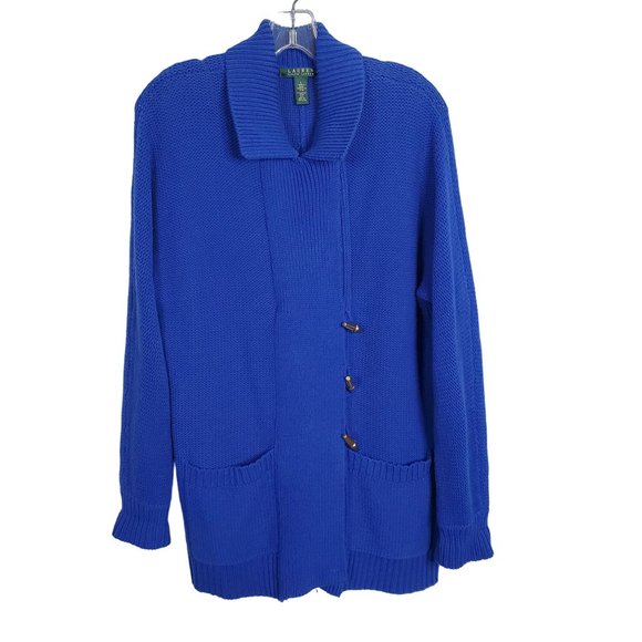 LRL Ralph Lauren Size L Cardigan Gold Toggle Pockets Royal Blue Collar Pockets - Picture 2 of 12
